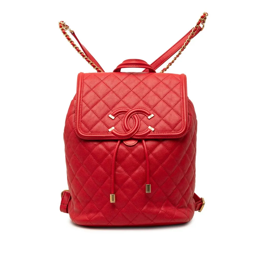 Chanel Quilted Caviar CC Filigree Backpack Red Leather Good - Front View