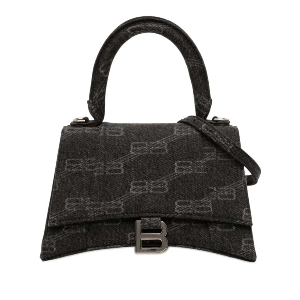 Balenciaga Small BB Monogram Denim Hourglass Top Handle Bag Black Denim Good - Front View