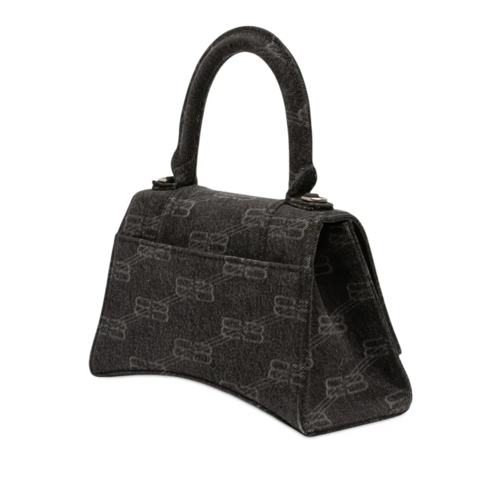 Balenciaga Small BB Monogram Denim Hourglass Top Handle Bag Black Denim Good - Back View