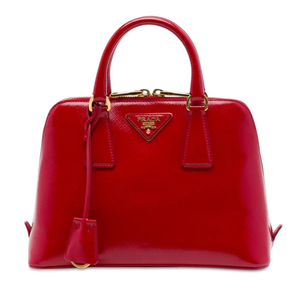 Prada Small Saffiano Vernice Promenade Satchel Red Leather Good - Front View