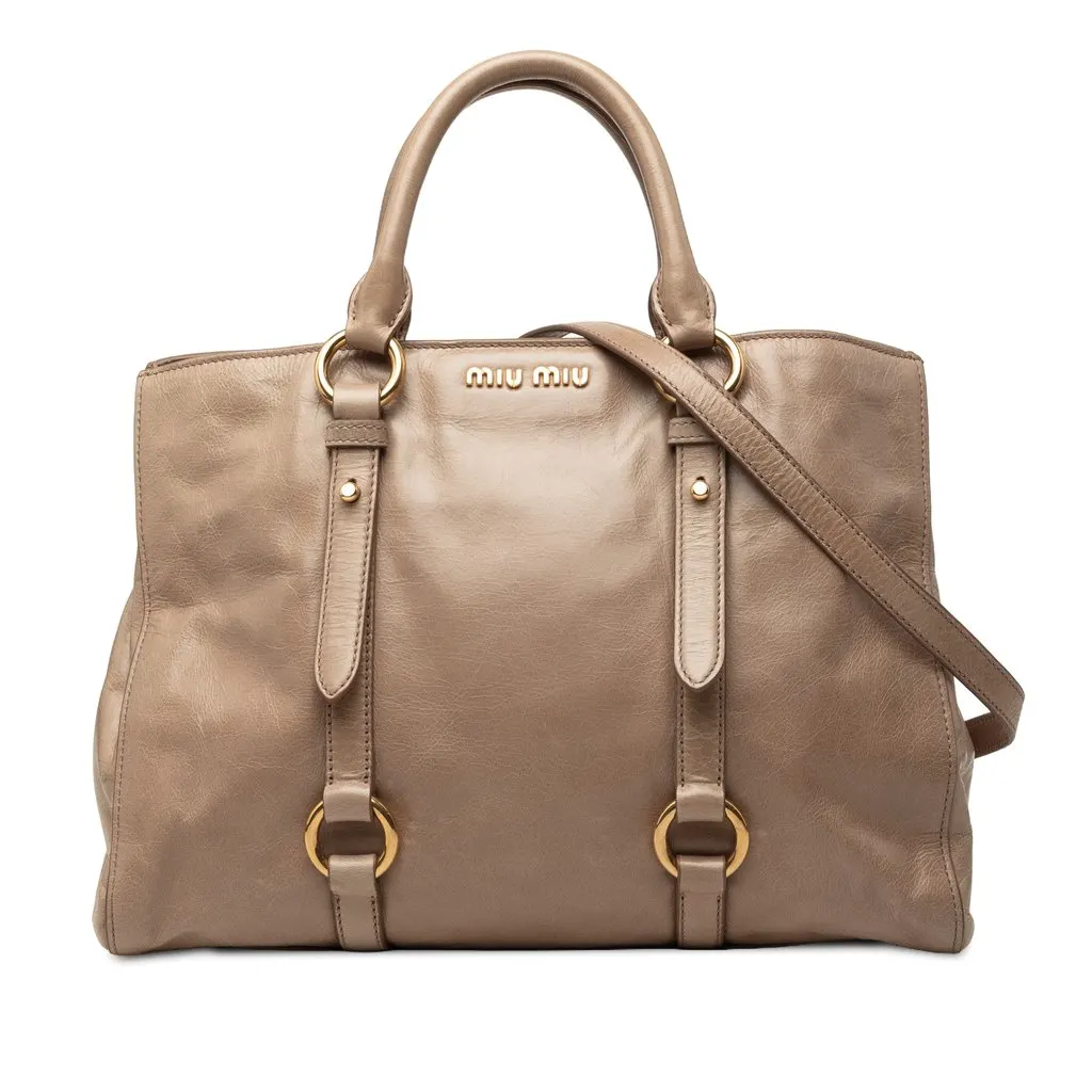 Miu Miu Vitello Shine Satchel Beige Leather Very good - Front View