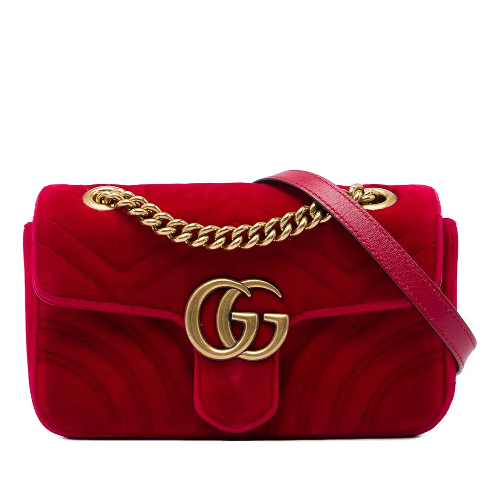 Gucci Small GG Marmont Matelasse Velvet Shoulder Bag Red Velvet Very good - Front View