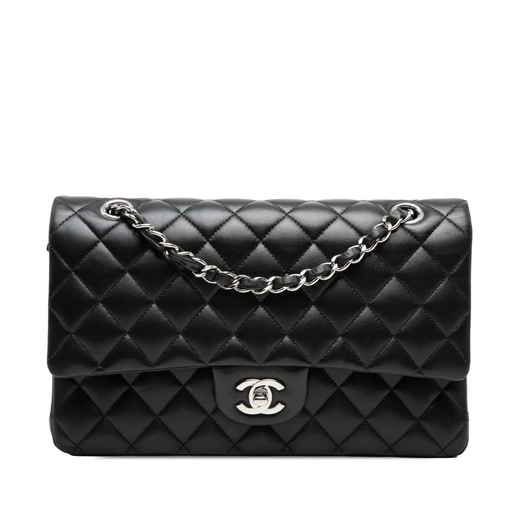 Chanel Medium Classic Lambskin Double Flap Black Leather Very good - Front View