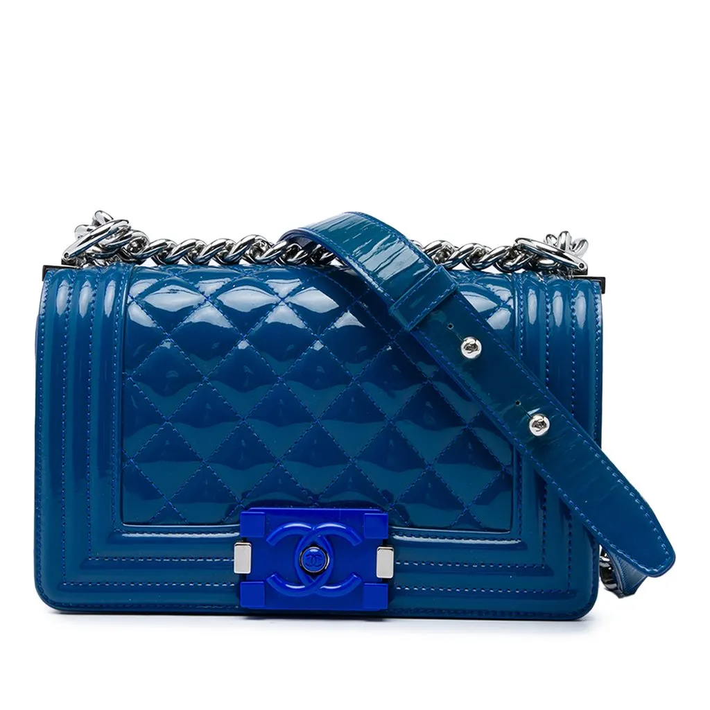 Chanel Small Quilted Patent and Acrylic Boy Flap Blue Leather Very good - Front View