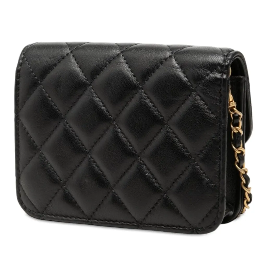 Chanel Mini CC Quilted Lambskin Pearl Crush Pouch with Chain Black Leather Very good - Back View