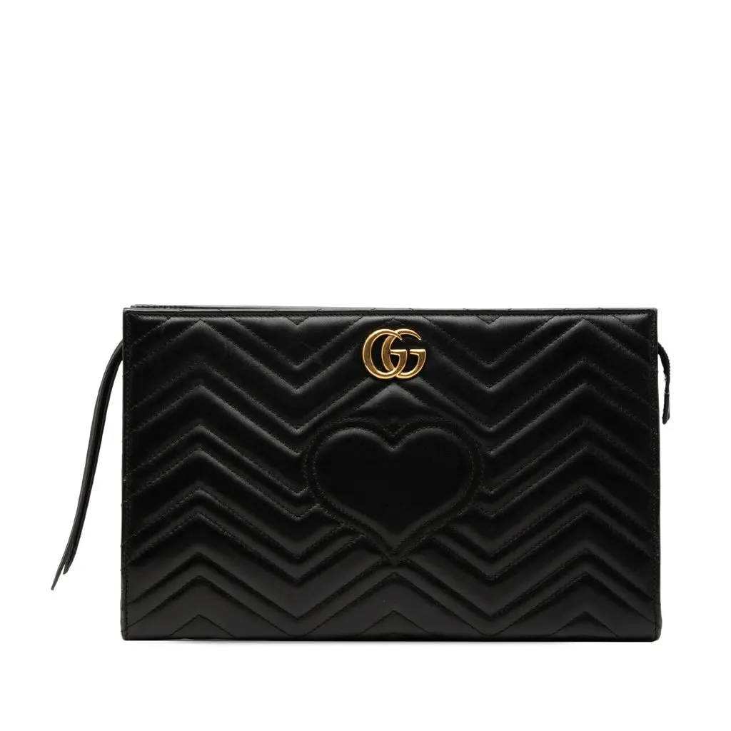 Gucci GG Marmont Heart Matelasse Calfskin Clutch Black Leather Very good - Front View