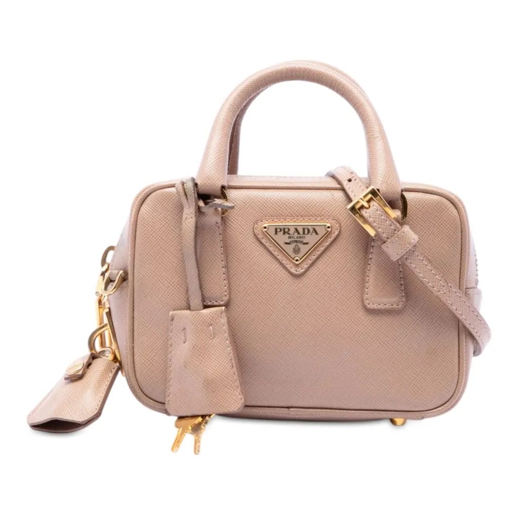 Prada Mini Saffiano Lux Bauletto Bag Brown Leather Very good - Front View