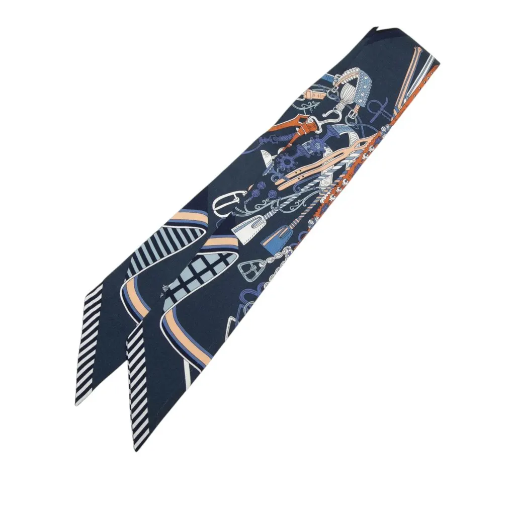 Hermès Bouquets Sellier Silk Twilly Scarf Blue Very good - Front View