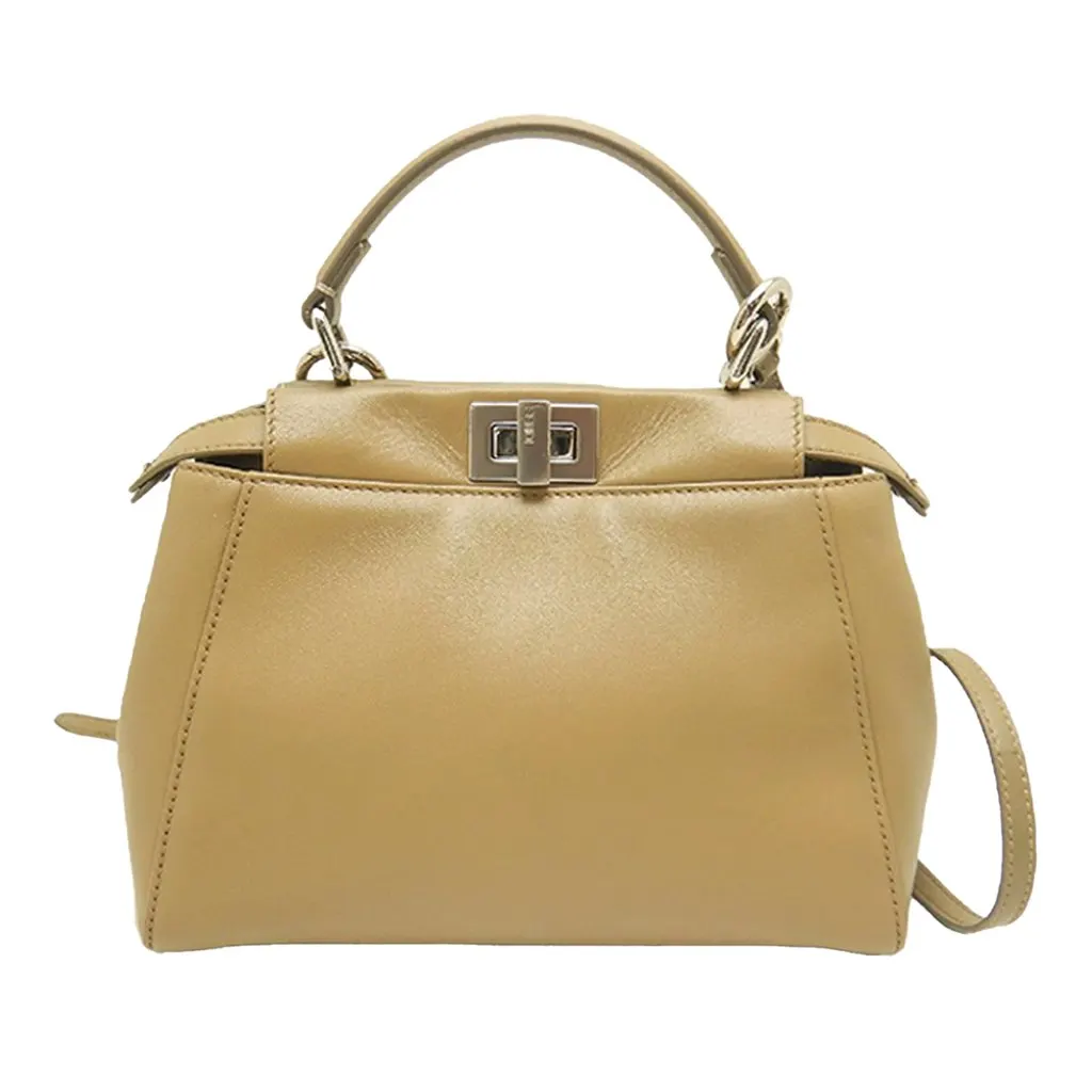 Fendi Mini Leather Selleria Peekaboo Iconic Satchel Beige Leather Very good - Front View