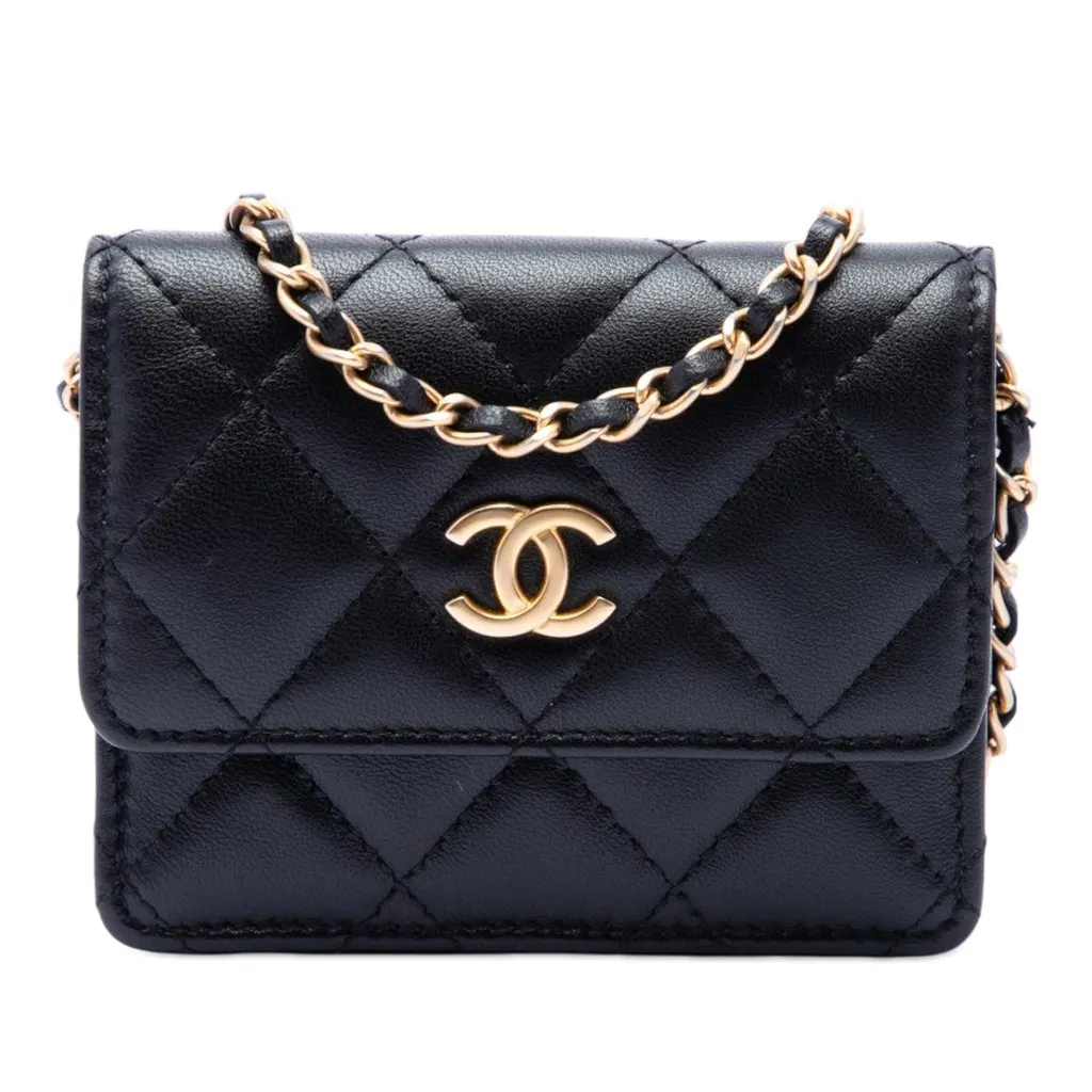 Chanel Quilted Lambskin Romance Card Holder On Chain Black Leather Very good - Front View