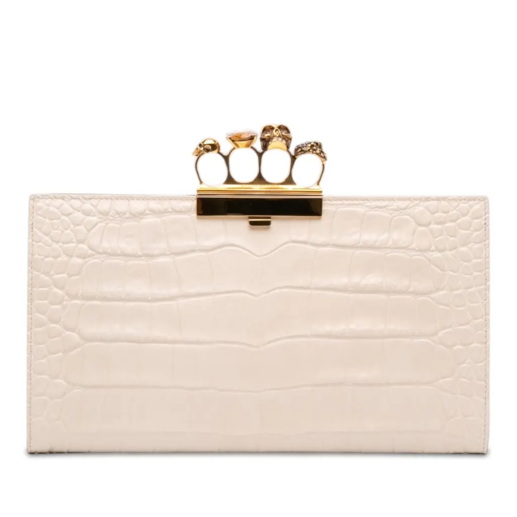 Alexander McQueen Croc Embossed Calfskin Skull Knuckle Clasp Clutch White Leather Very good - Front View
