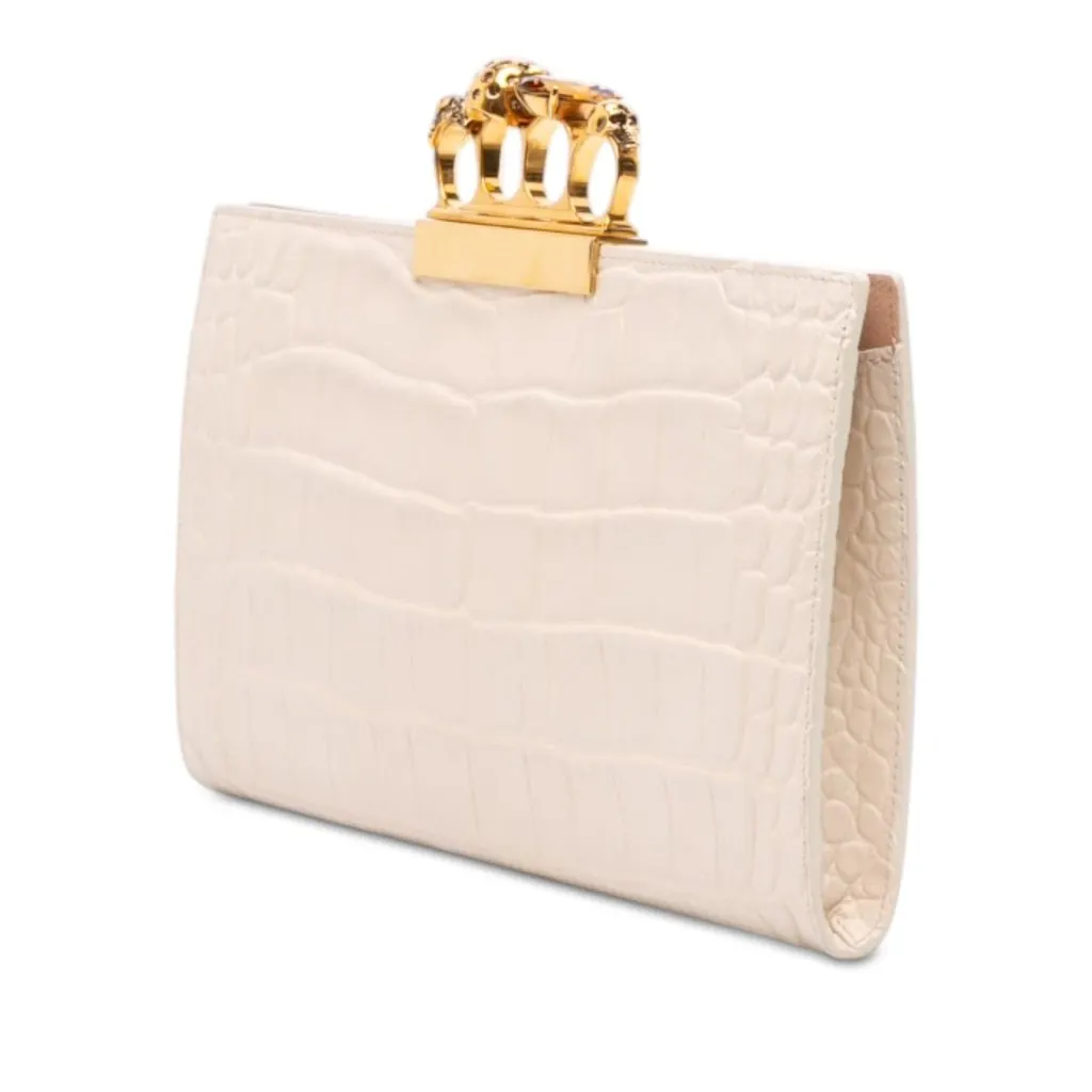 Alexander McQueen Croc Embossed Calfskin Skull Knuckle Clasp Clutch White Leather Very good - Back View