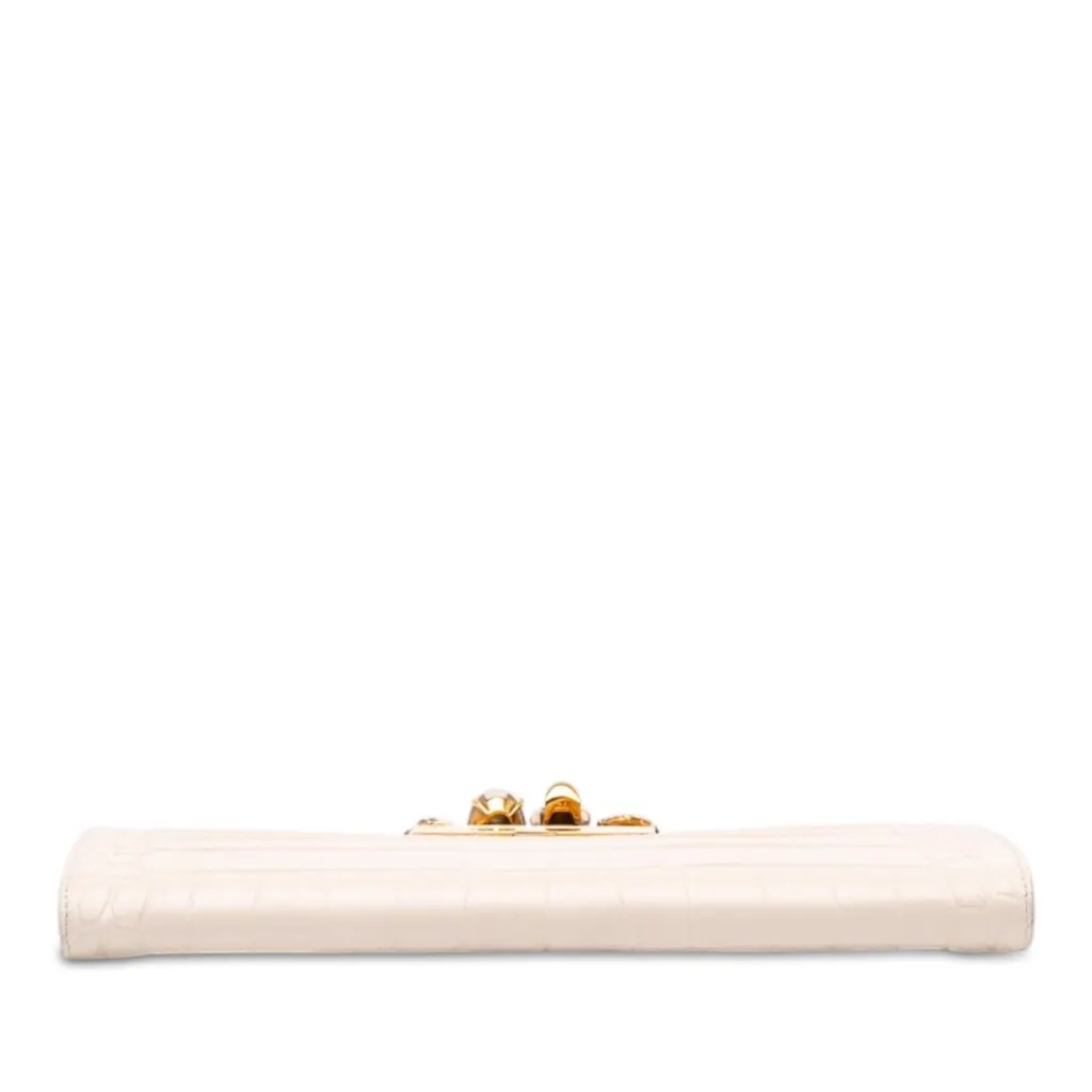 Alexander McQueen Croc Embossed Calfskin Skull Knuckle Clasp Clutch White Leather Very good - Inside View
