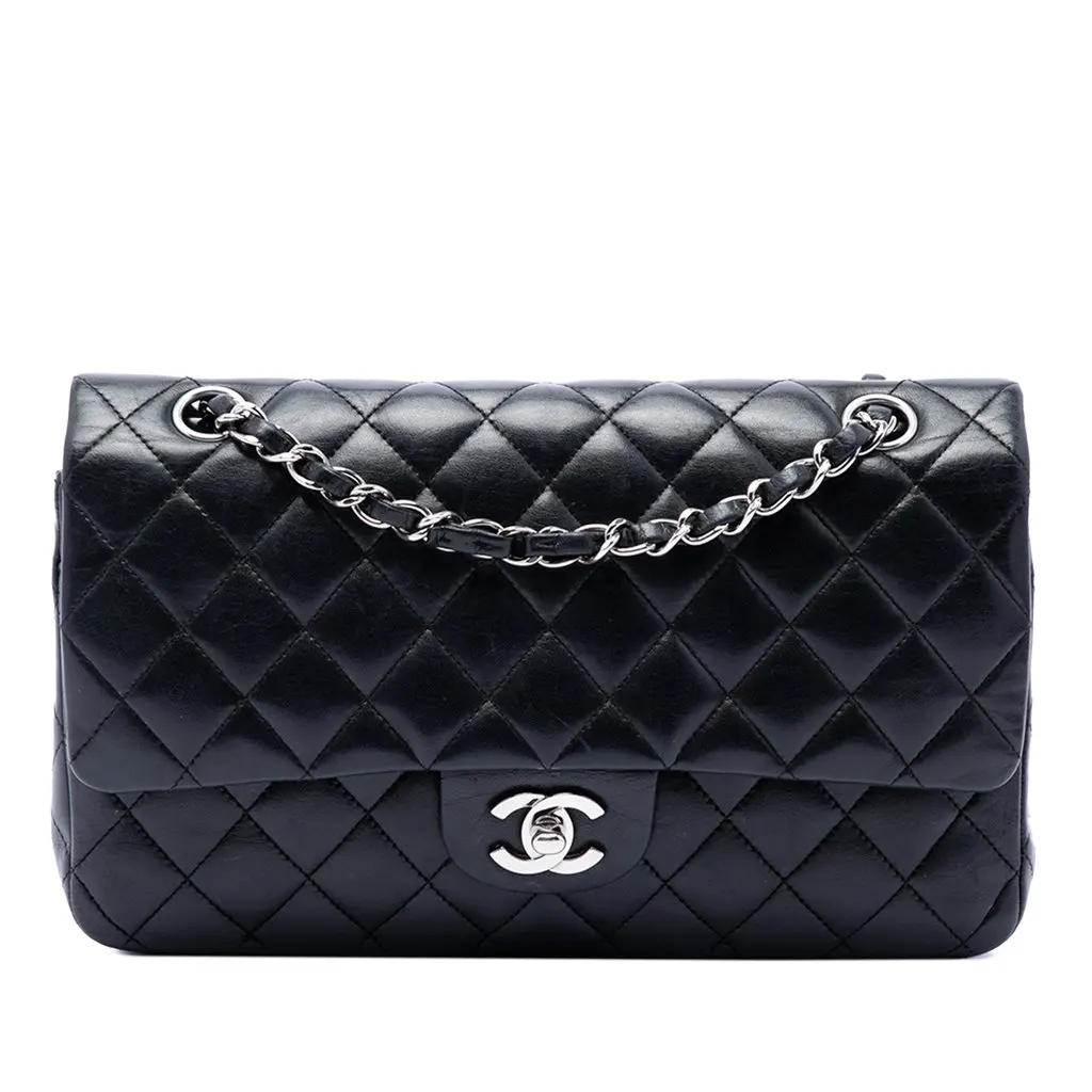 Chanel Medium Classic Lambskin Double Flap Black Leather Very good - Front View