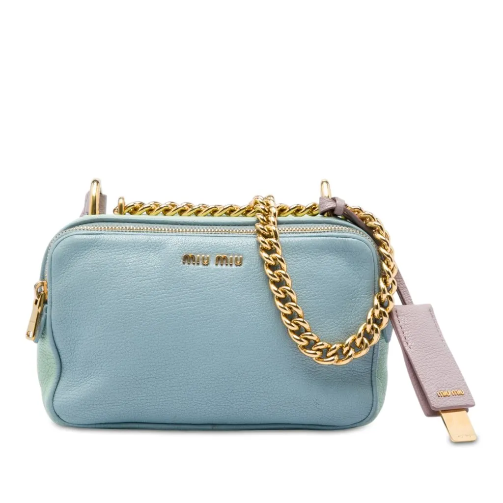 Miu Miu Tricolor Goatskin Madras Double Zip Camera Bag Blue Leather Very good - Front View