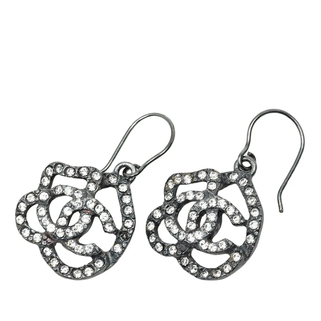 Chanel CC Brass Camellia Strass Hook Earrings Silver Brass Good - Front View