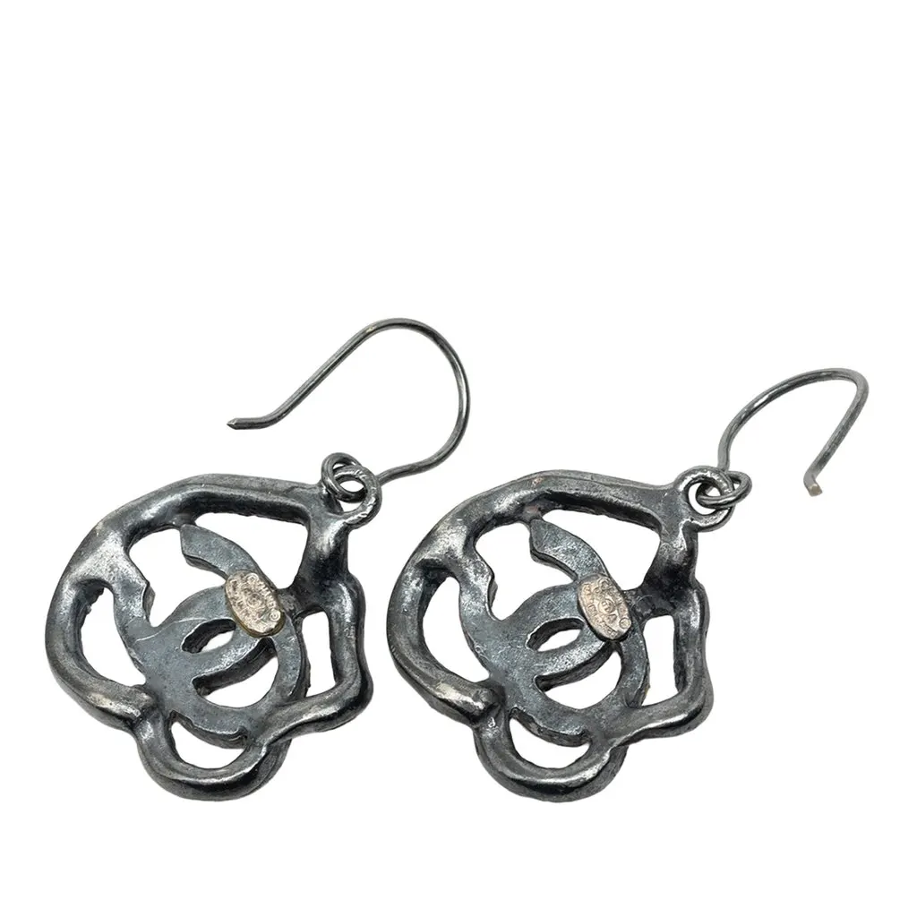 Chanel CC Brass Camellia Strass Hook Earrings Silver Brass Good - Back View