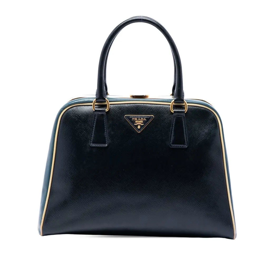 Prada Bicolor Saffiano Vernice Pyramid Frame Handbag Blue Leather Very good - Front View