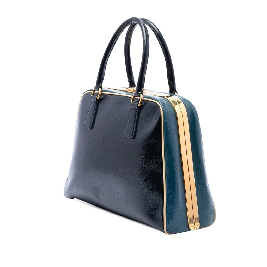 Prada Bicolor Saffiano Vernice Pyramid Frame Handbag Blue Leather Very good - Back View