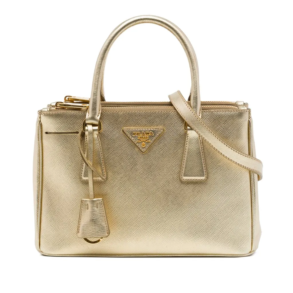 Prada Mini Metallic Saffiano Lux Galleria Double Zip Satchel Gold Leather Good - Front View