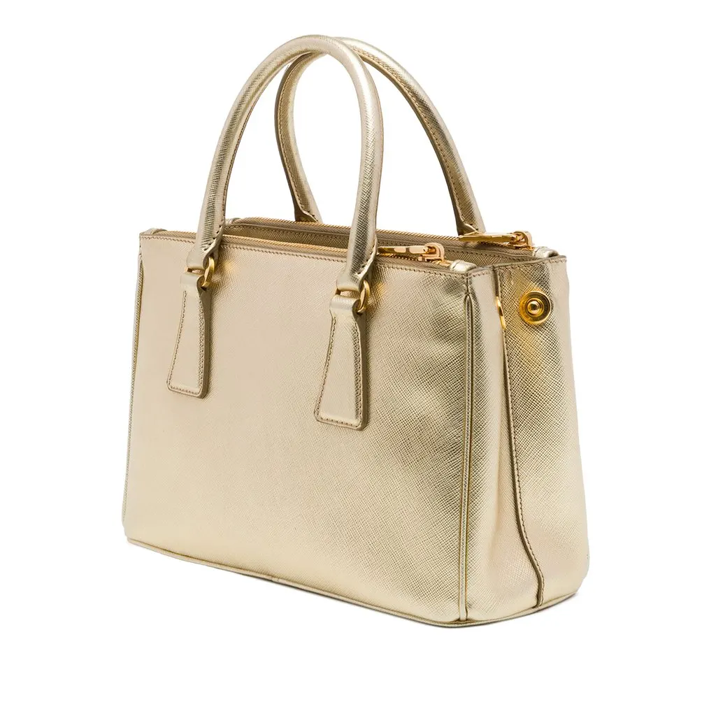 Prada Mini Metallic Saffiano Lux Galleria Double Zip Satchel Gold Leather Good - Back View