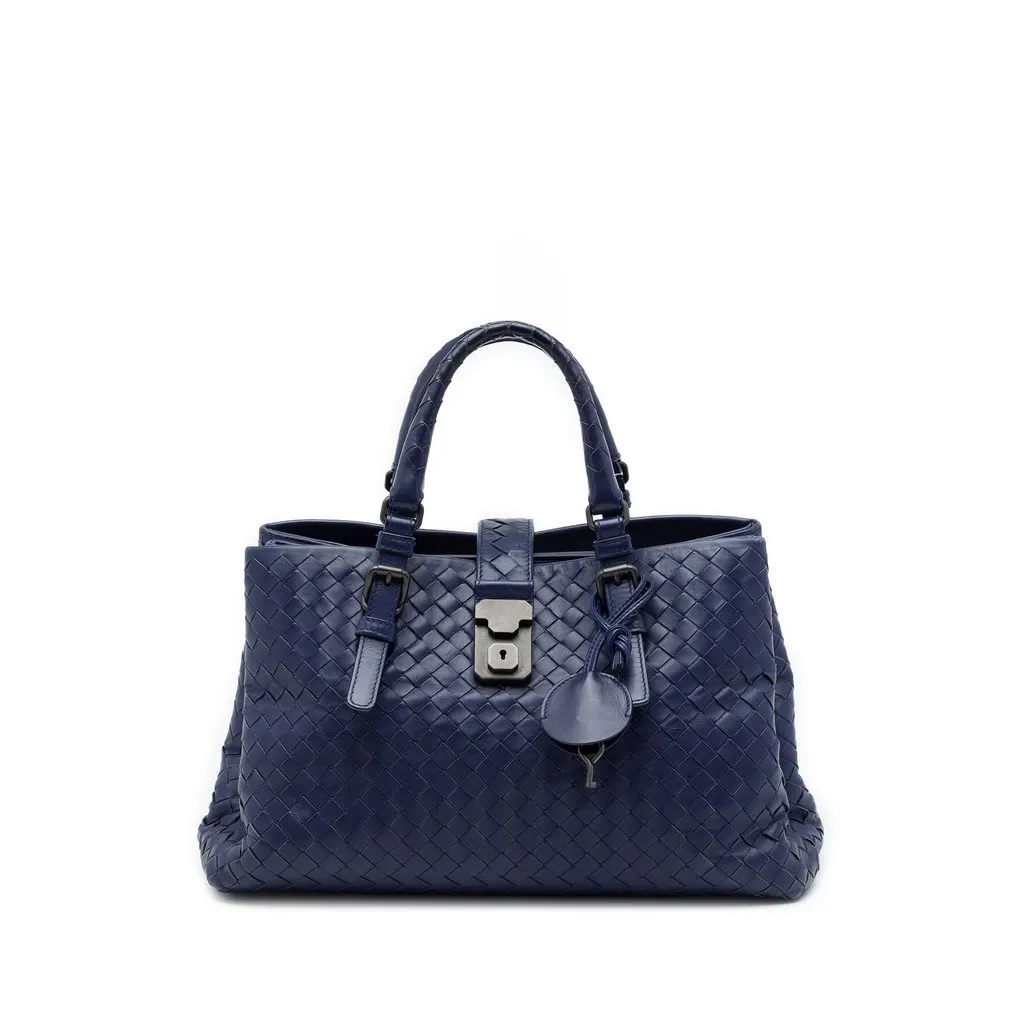 Bottega Veneta Small Nappa Intrecciato Roma Satchel Blue Leather Good - Front View