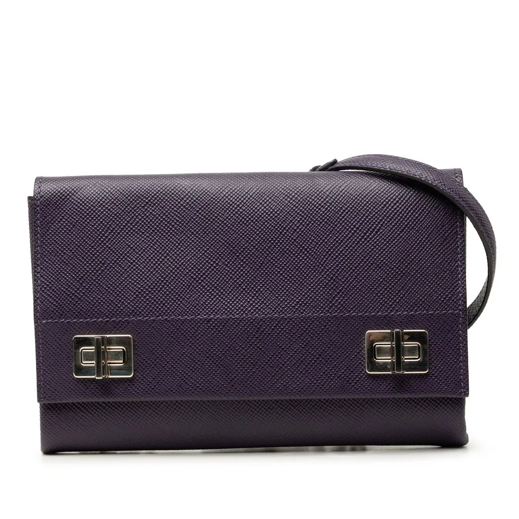 Prada Saffiano Cuir Twist Lock Chain Flap Purple Leather Very good - Front View