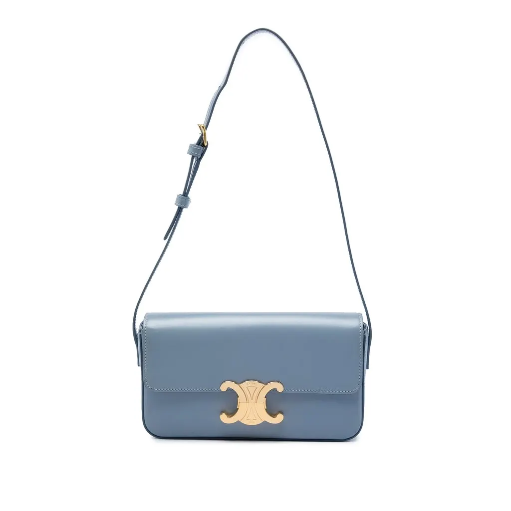Celine Shiny Calfskin Triomphe Claude Shoulder Bag Blue Leather Very good - Front View