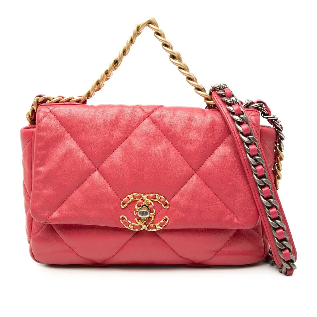Chanel Medium Lambskin 19 Flap Pink Leather Very good - Front View