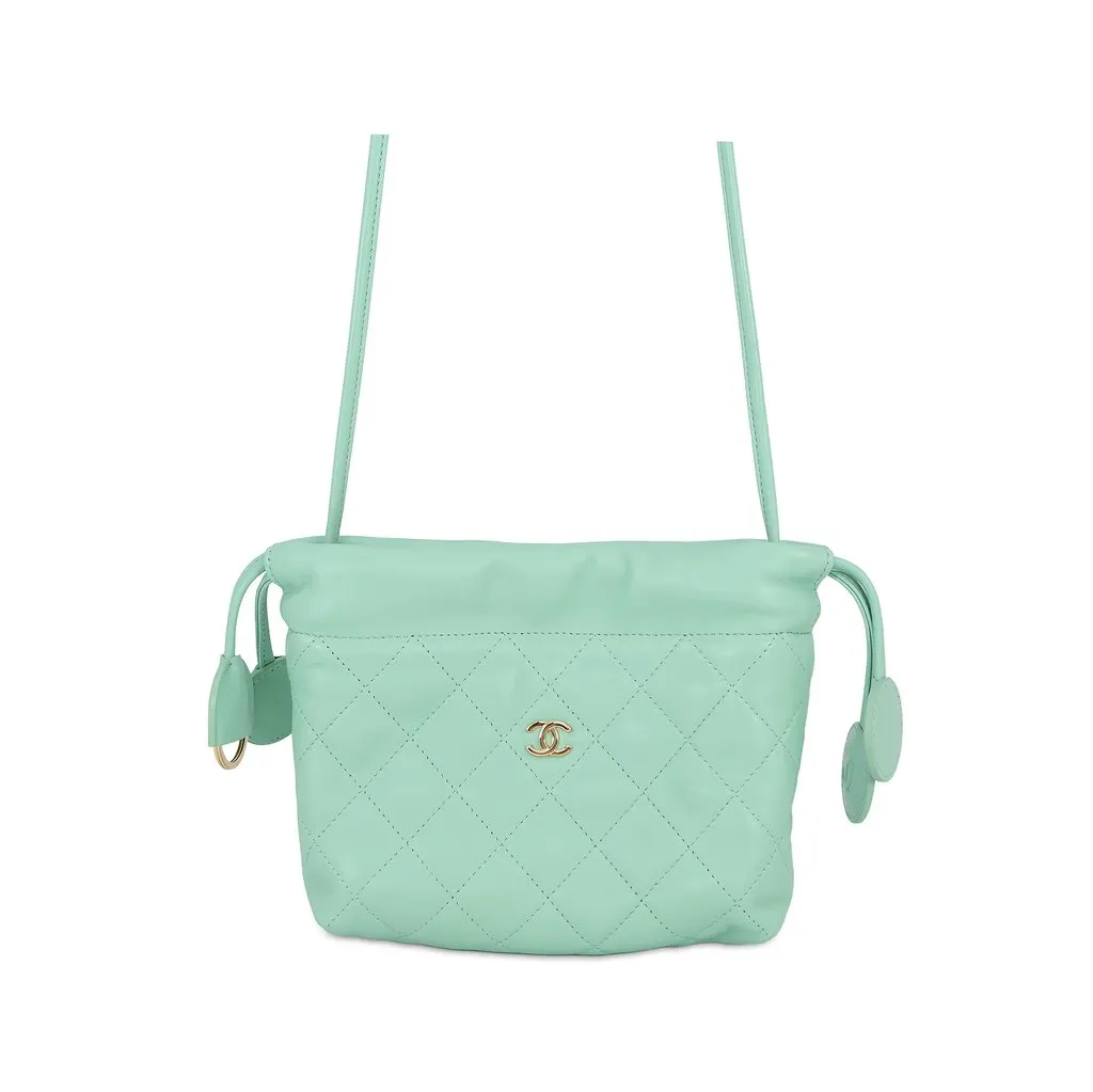 Chanel CC Quilted Lambskin Drawstring Clutch with Strap Green Leather Good - Front View