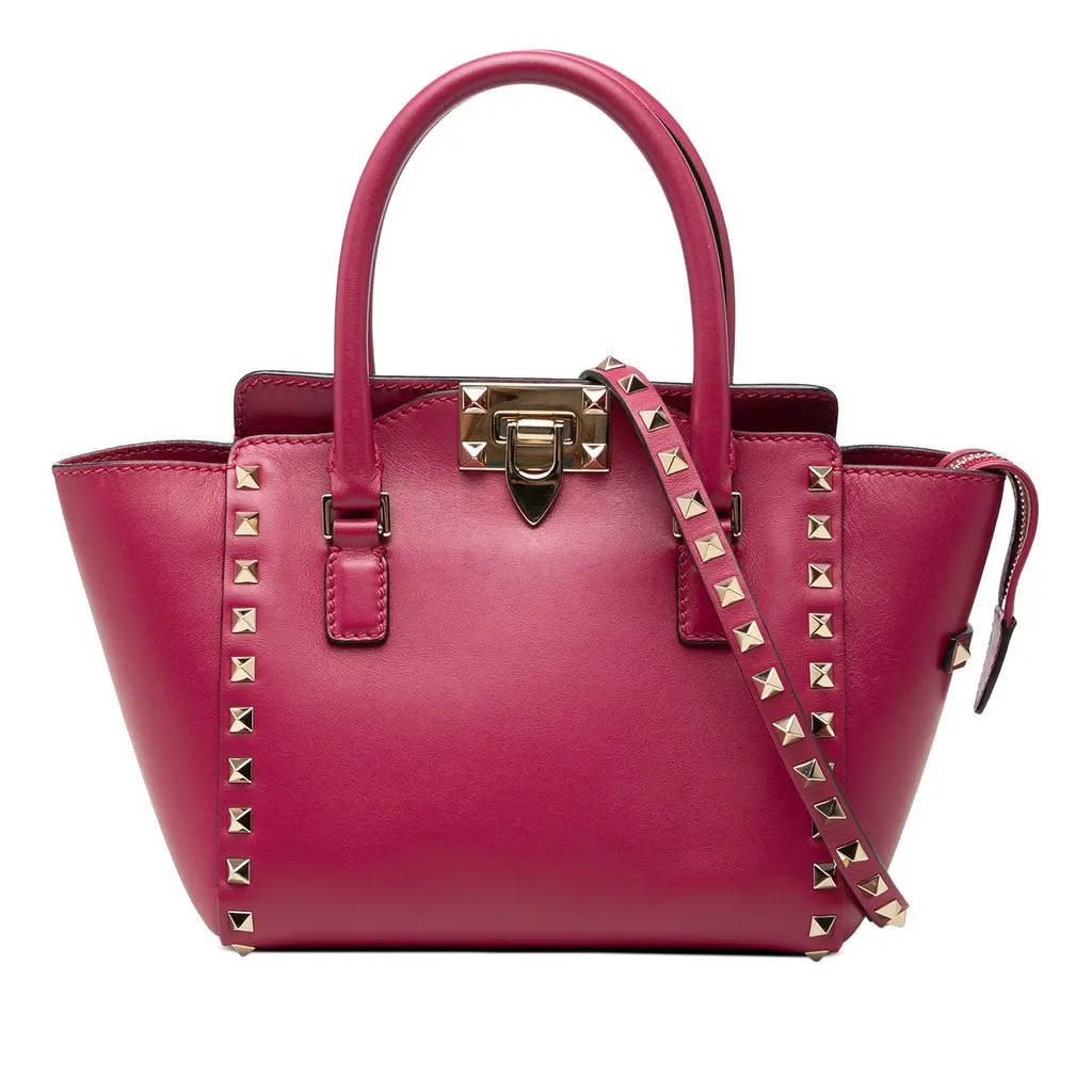 Valentino Mini Leather Rockstud Double Handle Tote Pink Leather Good - Front View