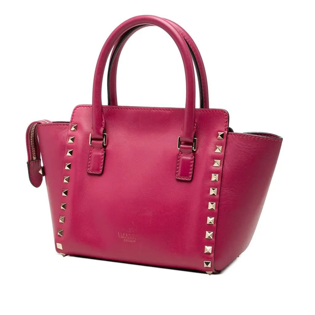 Valentino Mini Leather Rockstud Double Handle Tote Pink Leather Good - Back View