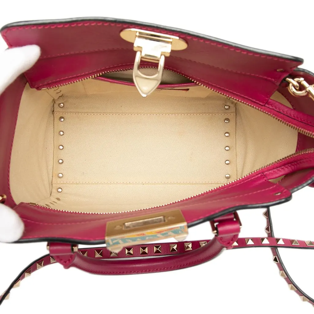 Valentino Mini Leather Rockstud Double Handle Tote Pink Leather Good - Model View