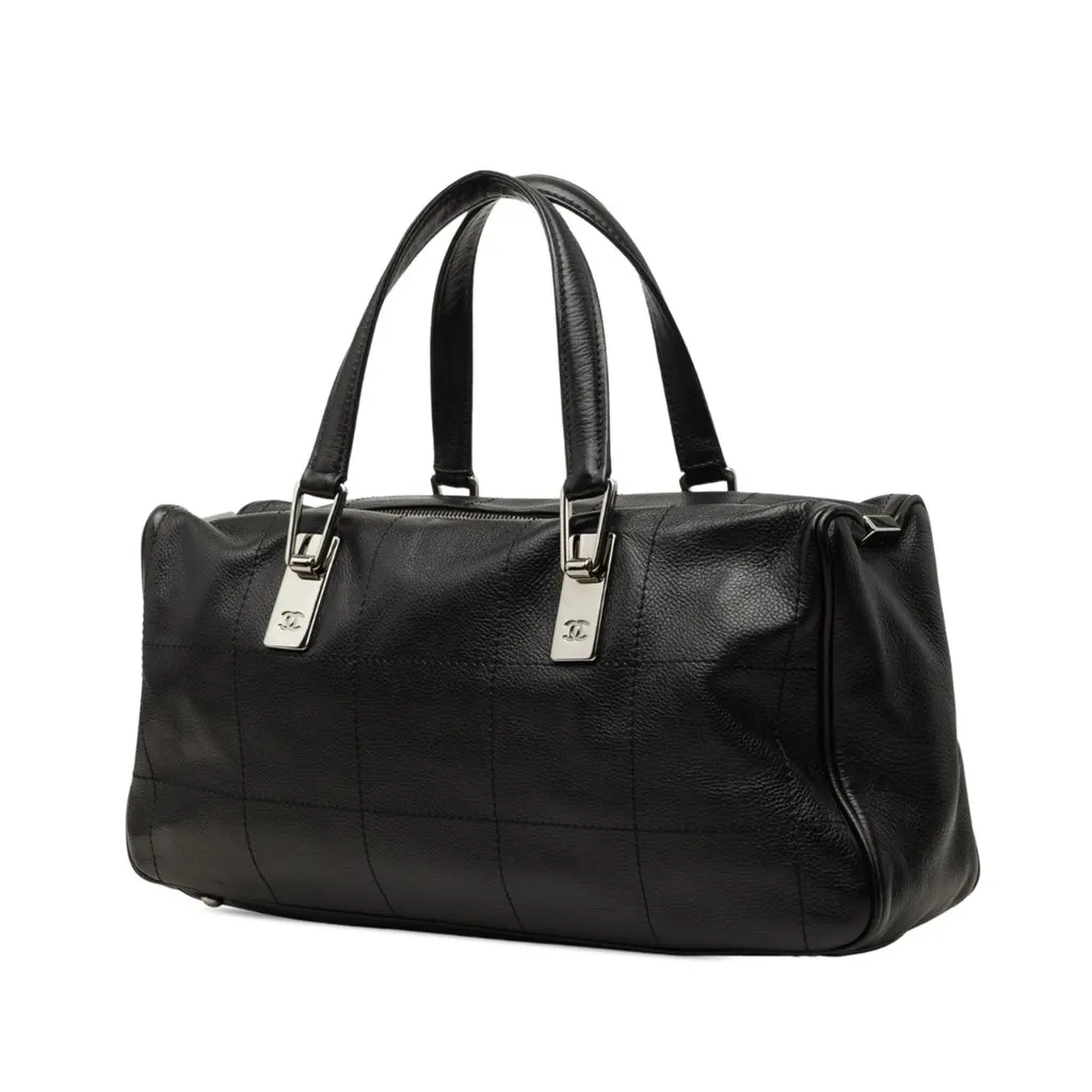 Chanel CC Caviar Square Stitch Handbag Black Leather Good - Back View