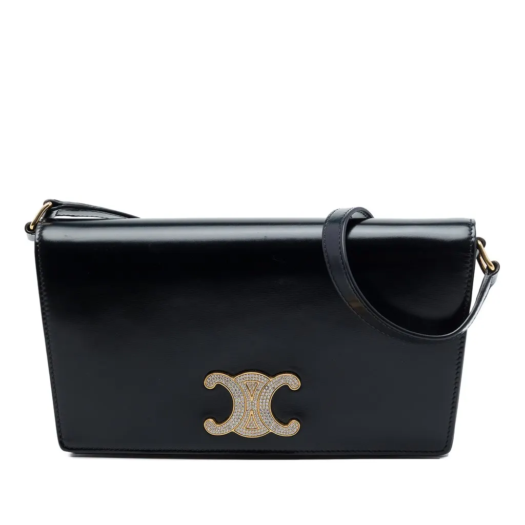 Celine Shiny Calfskin Strass Triomphe Trapeze Shoulder Bag Black Leather Very good - Front View
