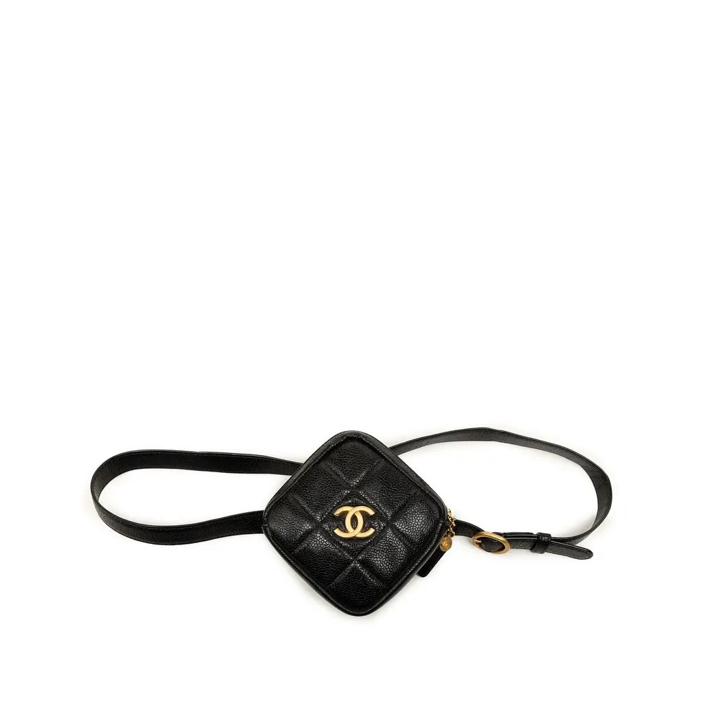 Chanel CC Quilted Caviar Diamond Coin Purse Belt Bag Black Leather Very good - Front View