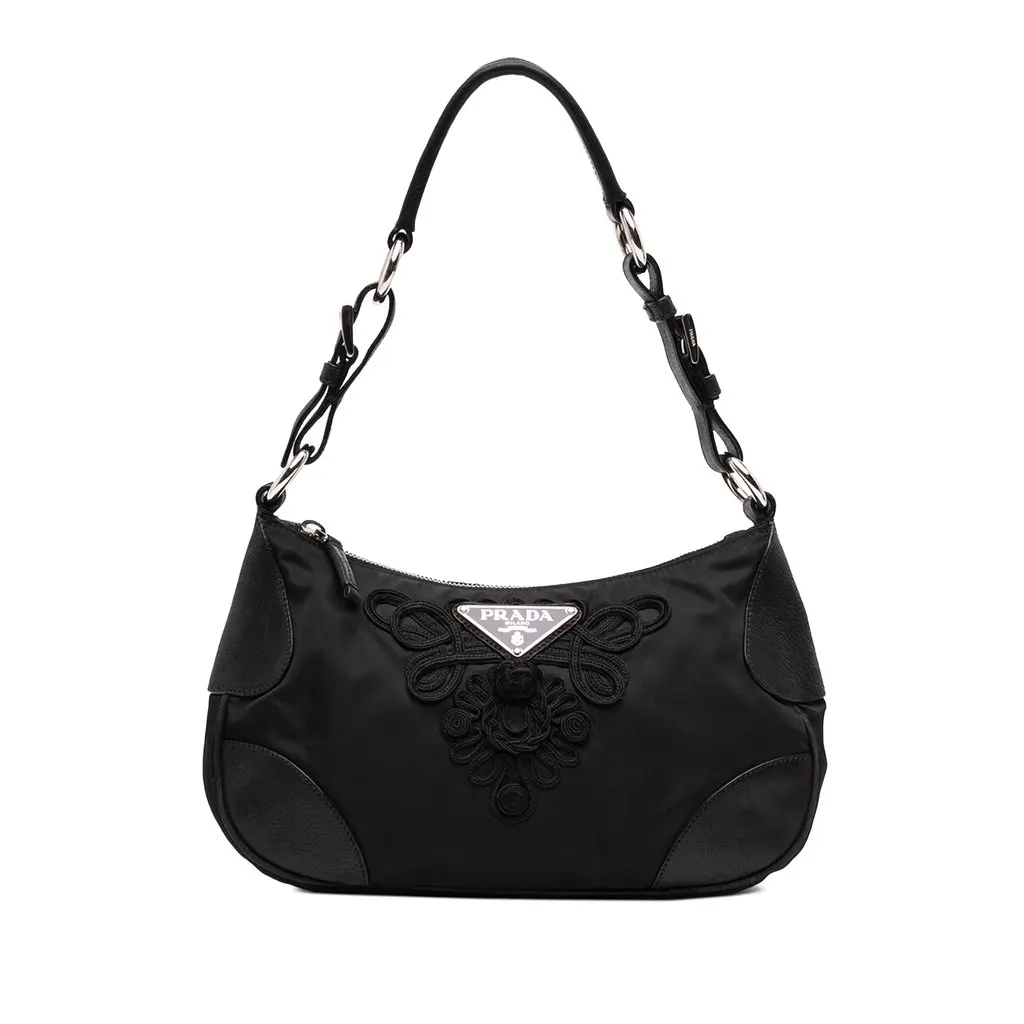 Prada Cervo Antik Trimmed Tessuto Passamaneria Shoulder Bag Black Very good - Front View