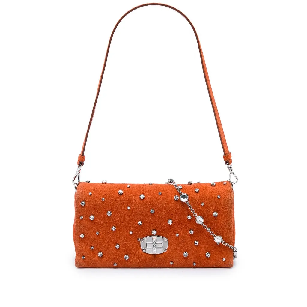 Miu Miu Crystal Embellished Suede Satchel Orange Leather Very good - Front View