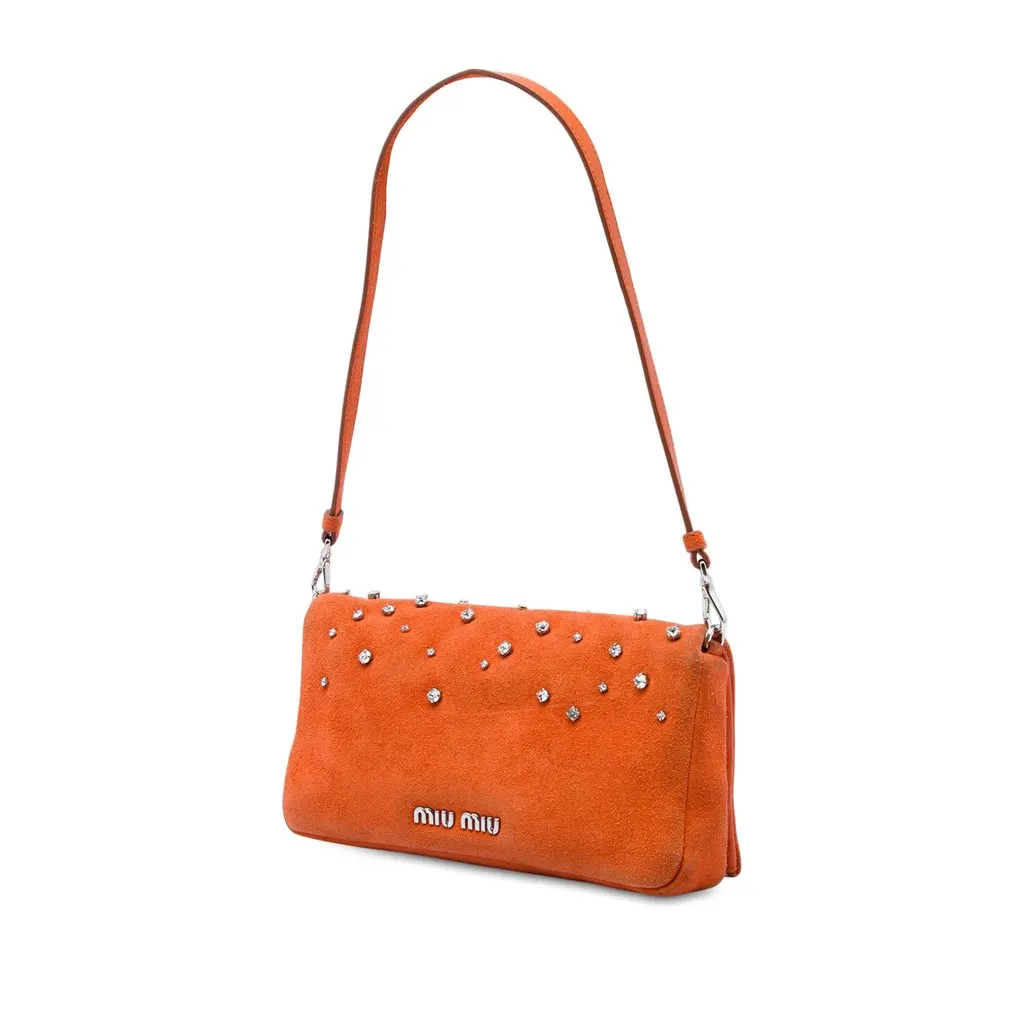 Miu Miu Crystal Embellished Suede Satchel Orange Leather Very good - Back View