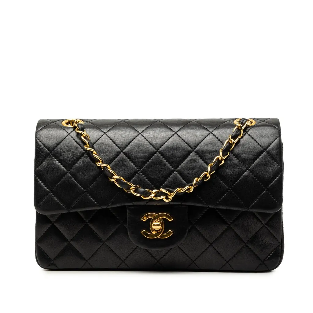 Chanel Small Classic Lambskin Double Flap Black Leather Very good - Front View