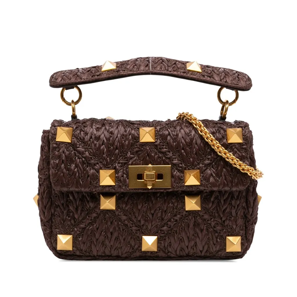 Valentino Medium Raffia Roman Stud Satchel Brown Very good - Front View