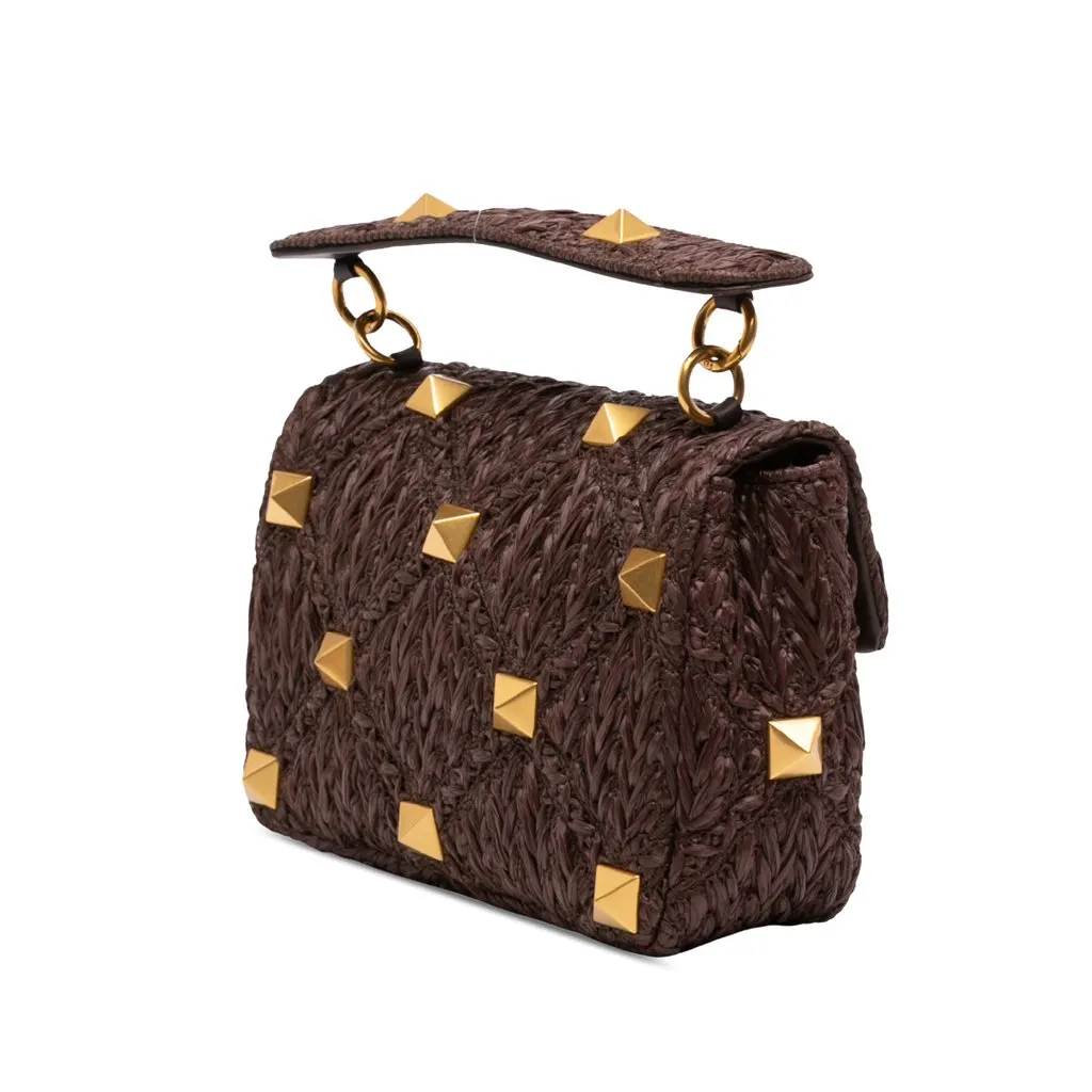 Valentino Medium Raffia Roman Stud Satchel Brown Very good - Back View