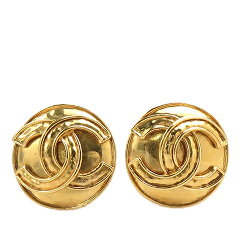 Chanel CC Gold Plated Round Clip On Earrings Gold Metal Very good - Front View