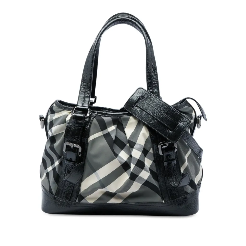 Burberry Medium Beat Check Nylon Lowry Satchel Grey Polyamide Good - Front View