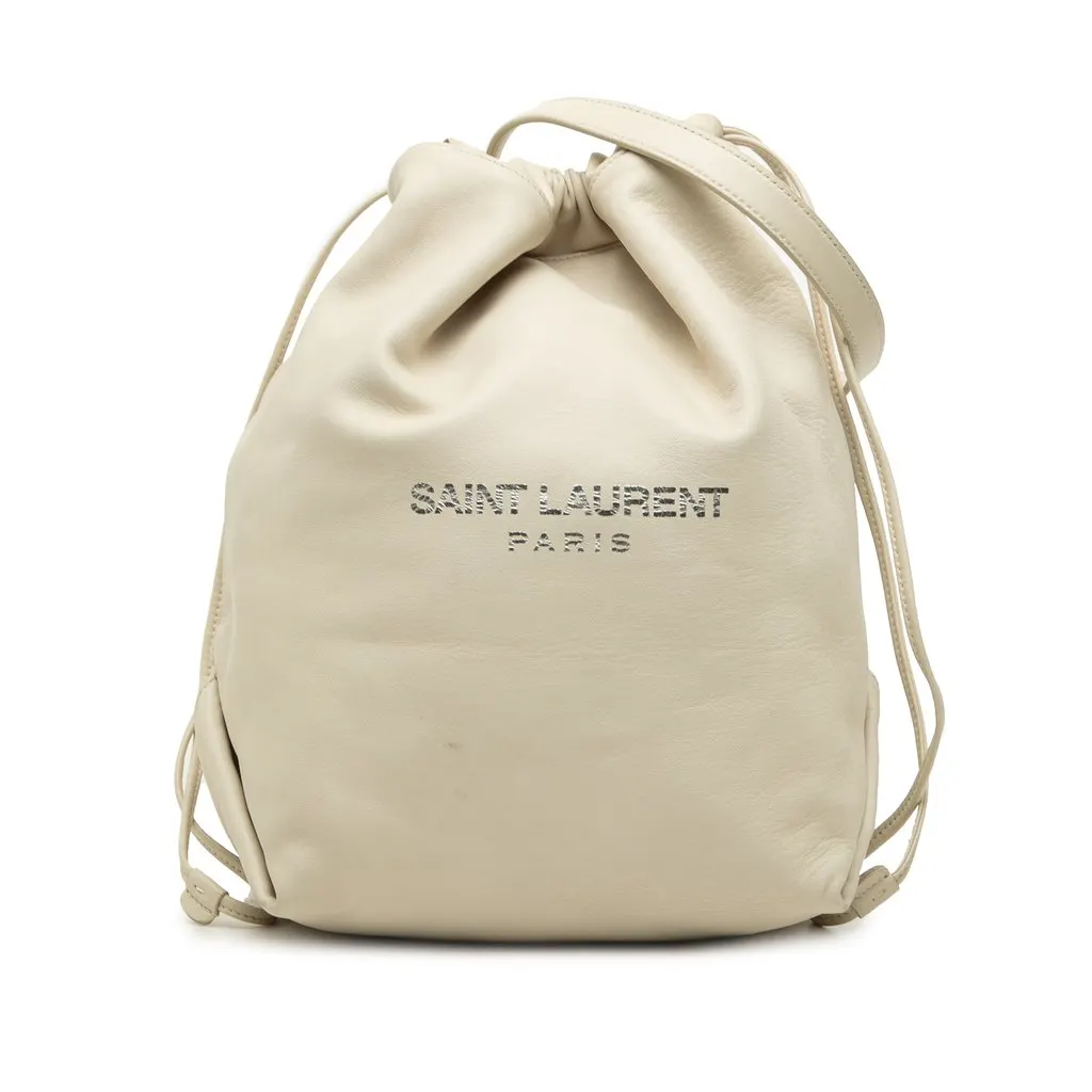 Saint Laurent Lambskin Teddy Drawstring Bucket Bag White Leather Very good - Front View