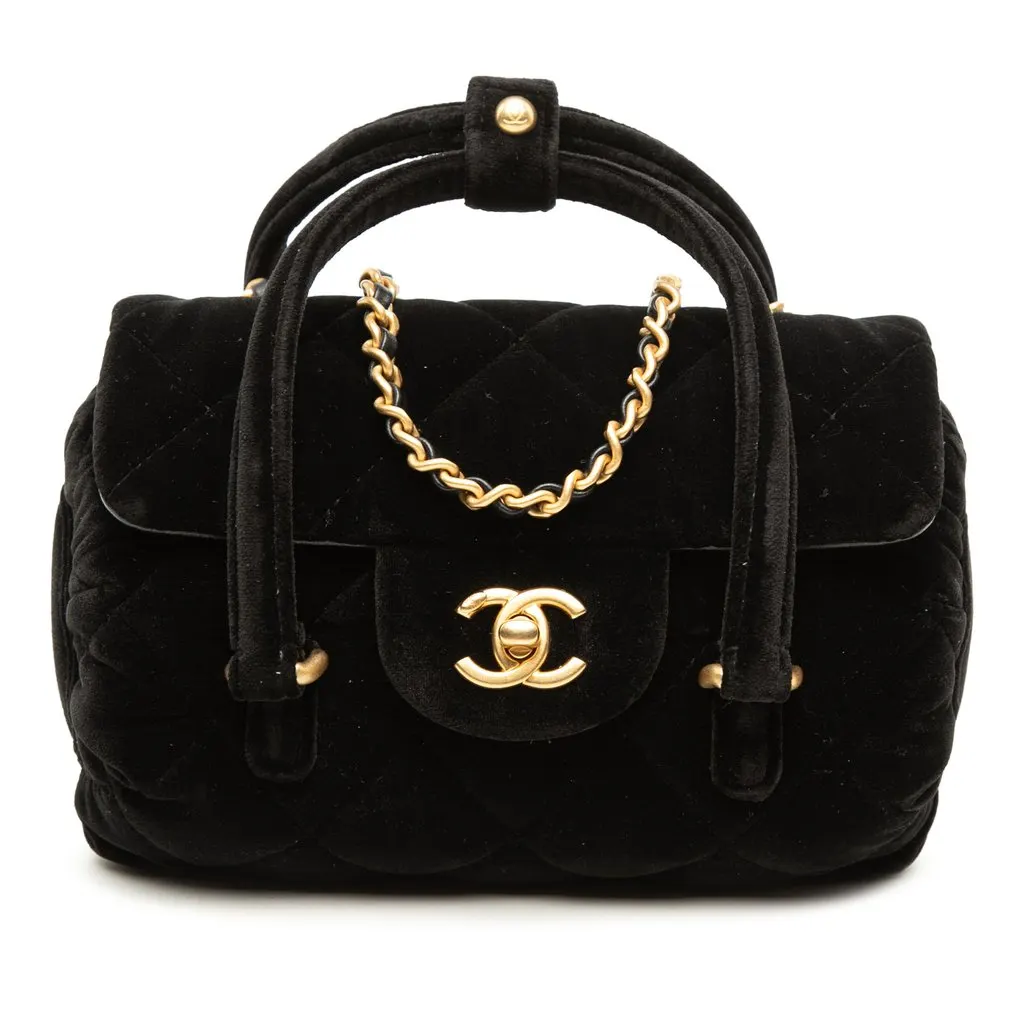Chanel Mini Quilted Velvet Top Handle Flap Black Very good - Front View