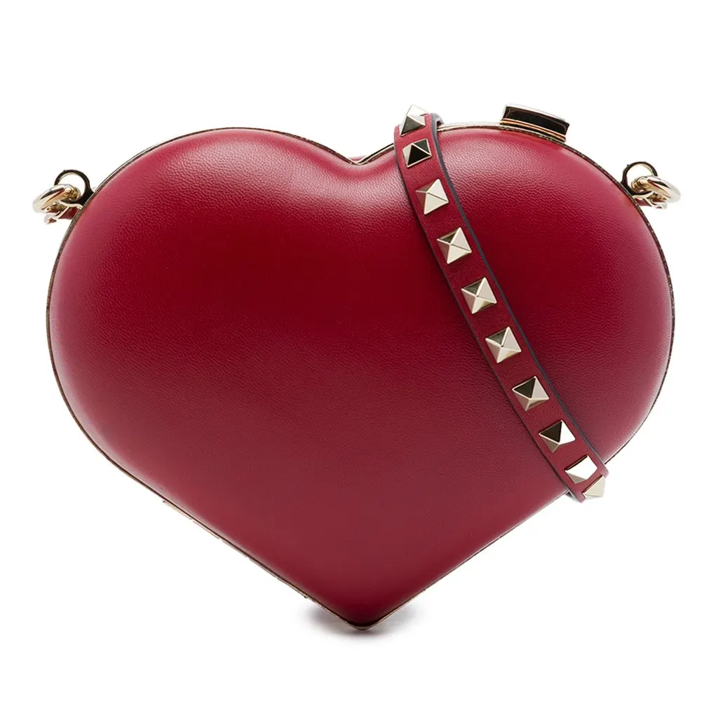 Valentino Leather Rockstud Carry Secrets Heart Minaudiere Crossbody Red Leather Very good - Front View