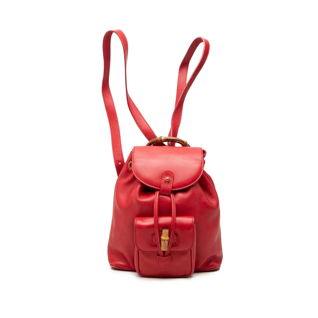 Gucci Calfskin Bamboo Drawstring Backpack Red Leather Very good - Front View