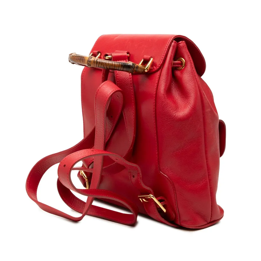 Gucci Calfskin Bamboo Drawstring Backpack Red Leather Very good - Back View
