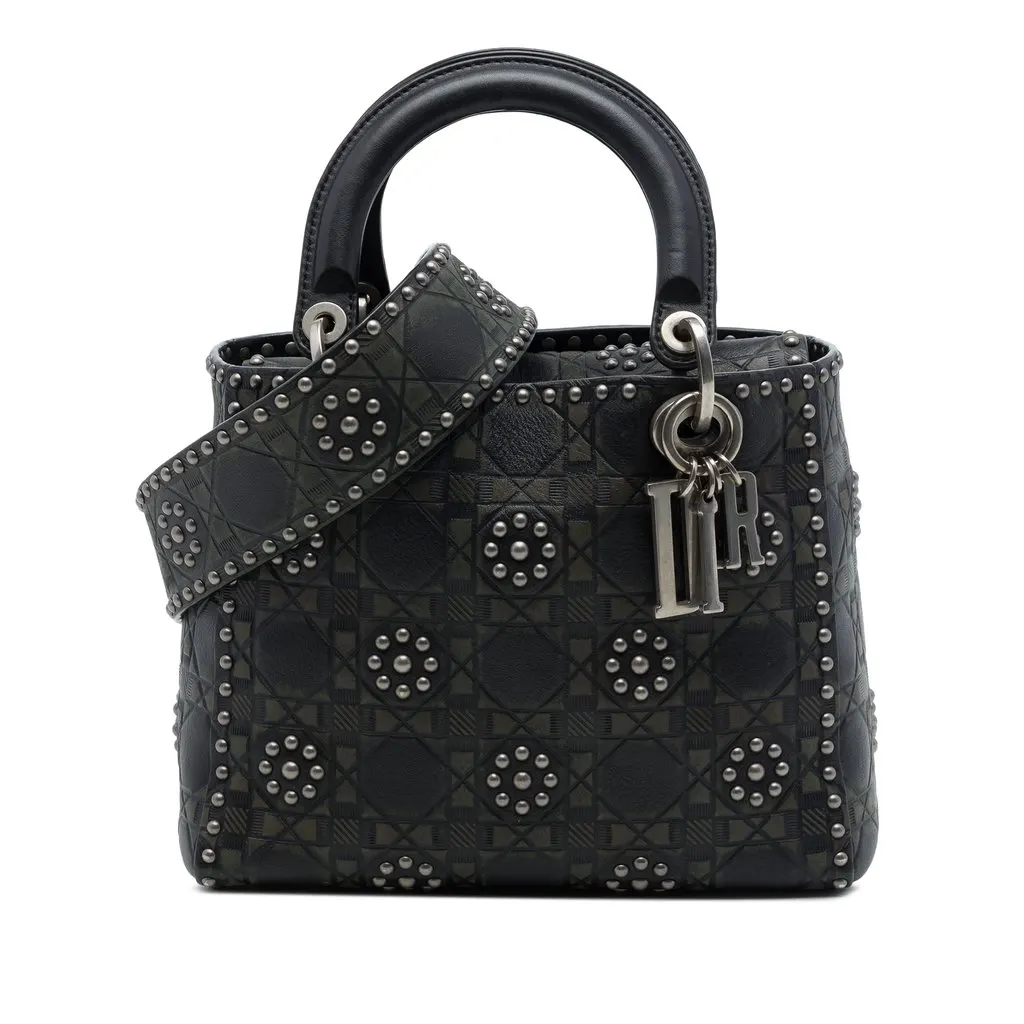 Dior Medium Calfskin Cannage Embossed Flower Studded Supple Lady Dior Black Leather Very good - Front View